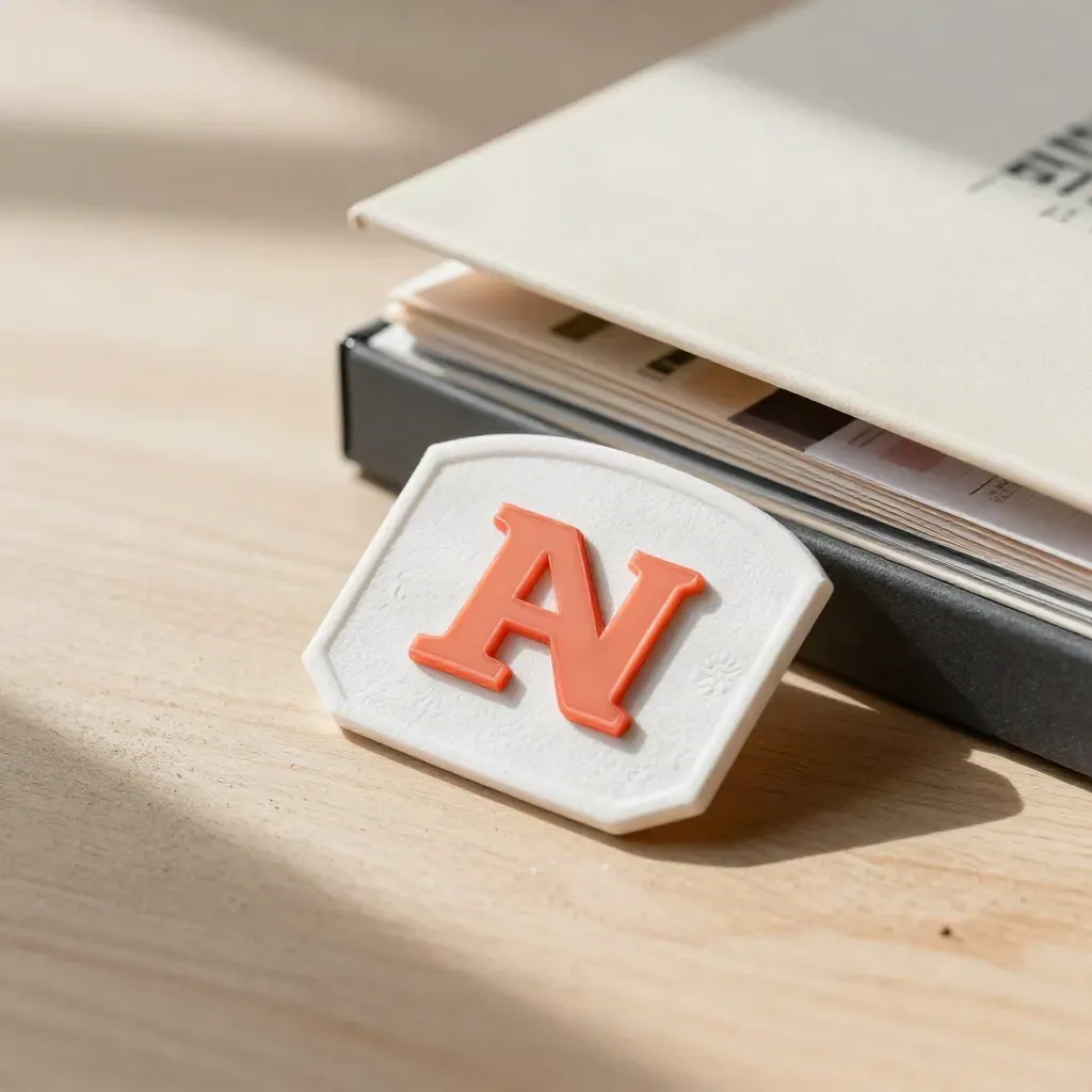 Badge logo in carta goffrata, emblema acrilico corallo e cofanetto su tavolo da studio luminoso.