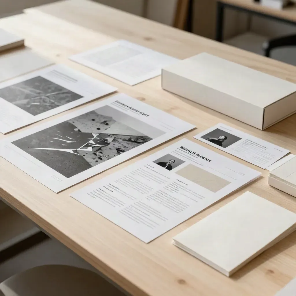 Kit campagne creative con prove poster, layout email e board landing su tavolo in legno chiaro