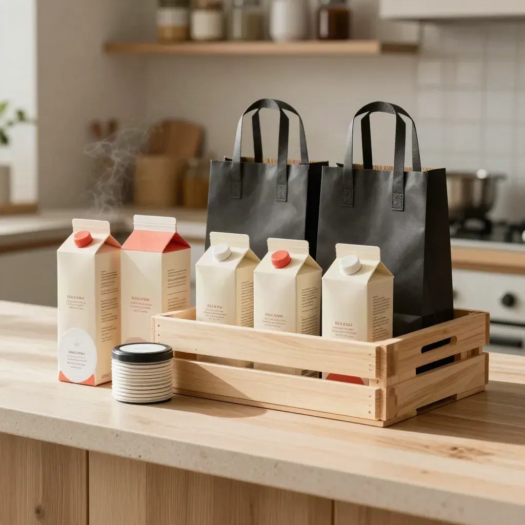 Packaging food finale con scatole, buste, coperchi e cassa espositiva su banco luminoso