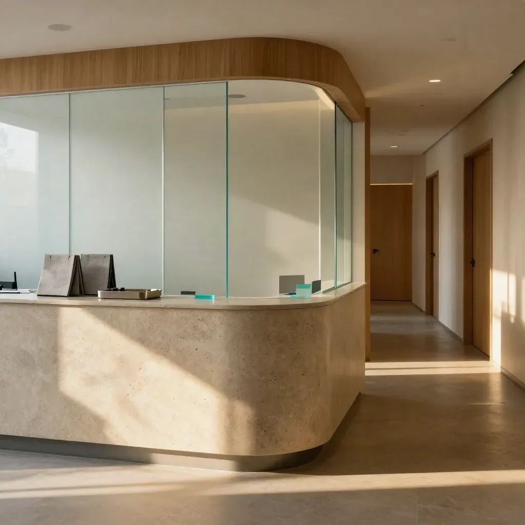 Reception clinica elegante con vetro satinato, pietra e dettagli turchesi