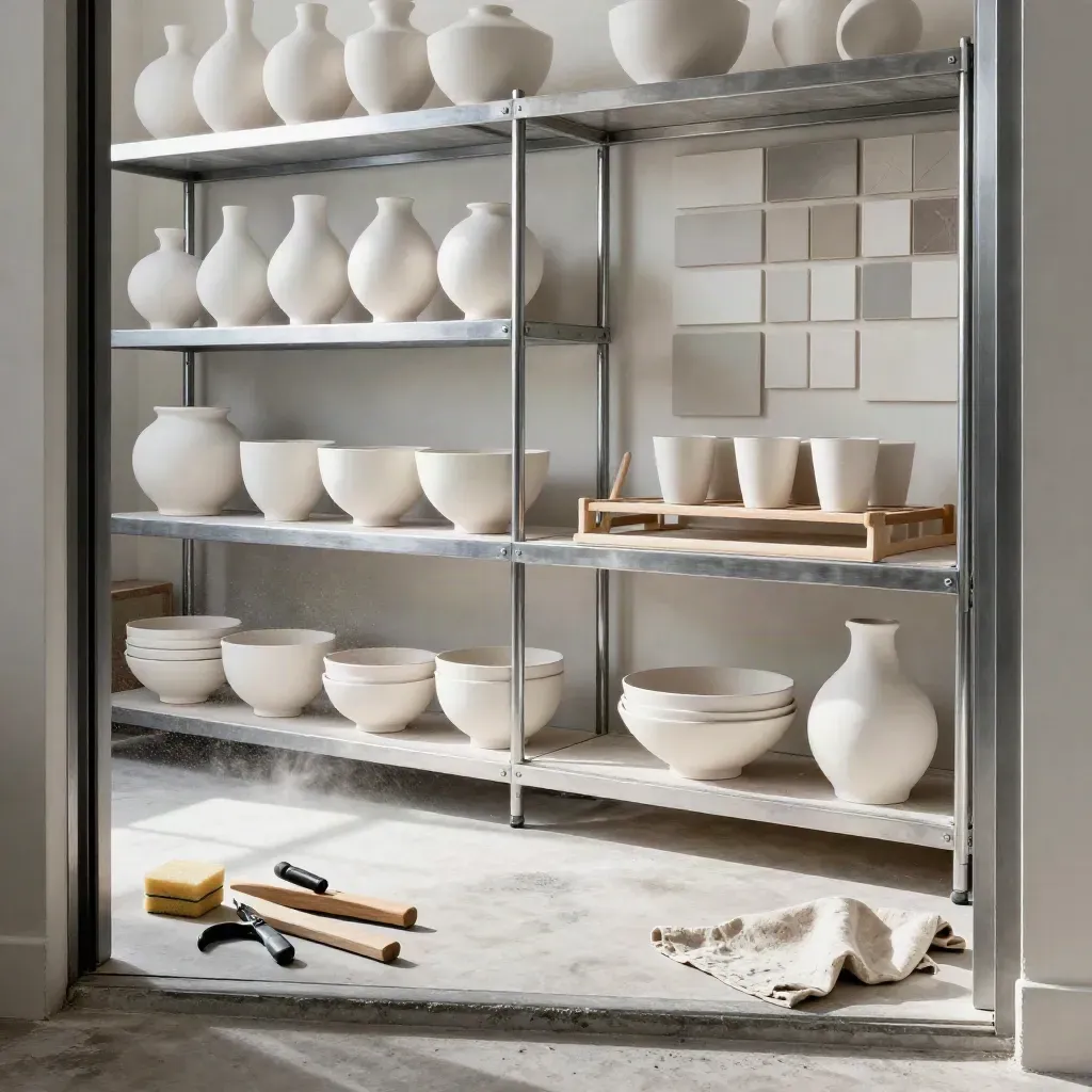 Laboratorio di ceramica allestito con mensole in acciaio e vasi finiti.