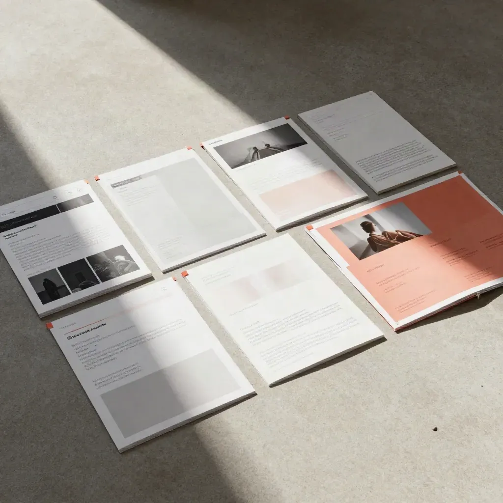 Collage cinematografico di materiali per campagna, pannelli e mockup su cemento con luce drammatica