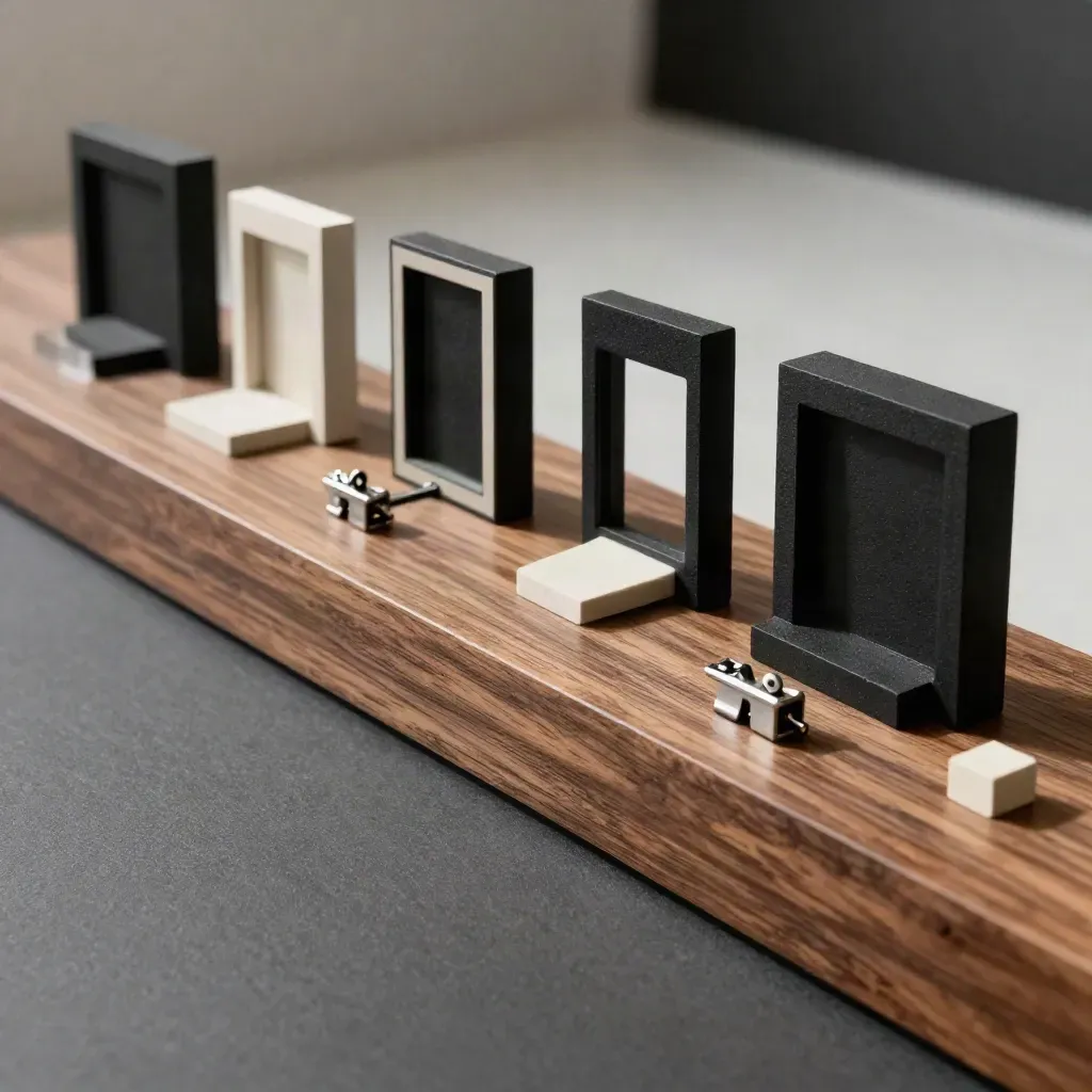 Blocchi neri di storyboard e miniature sceniche su base in noce, luce drammatica diagonale