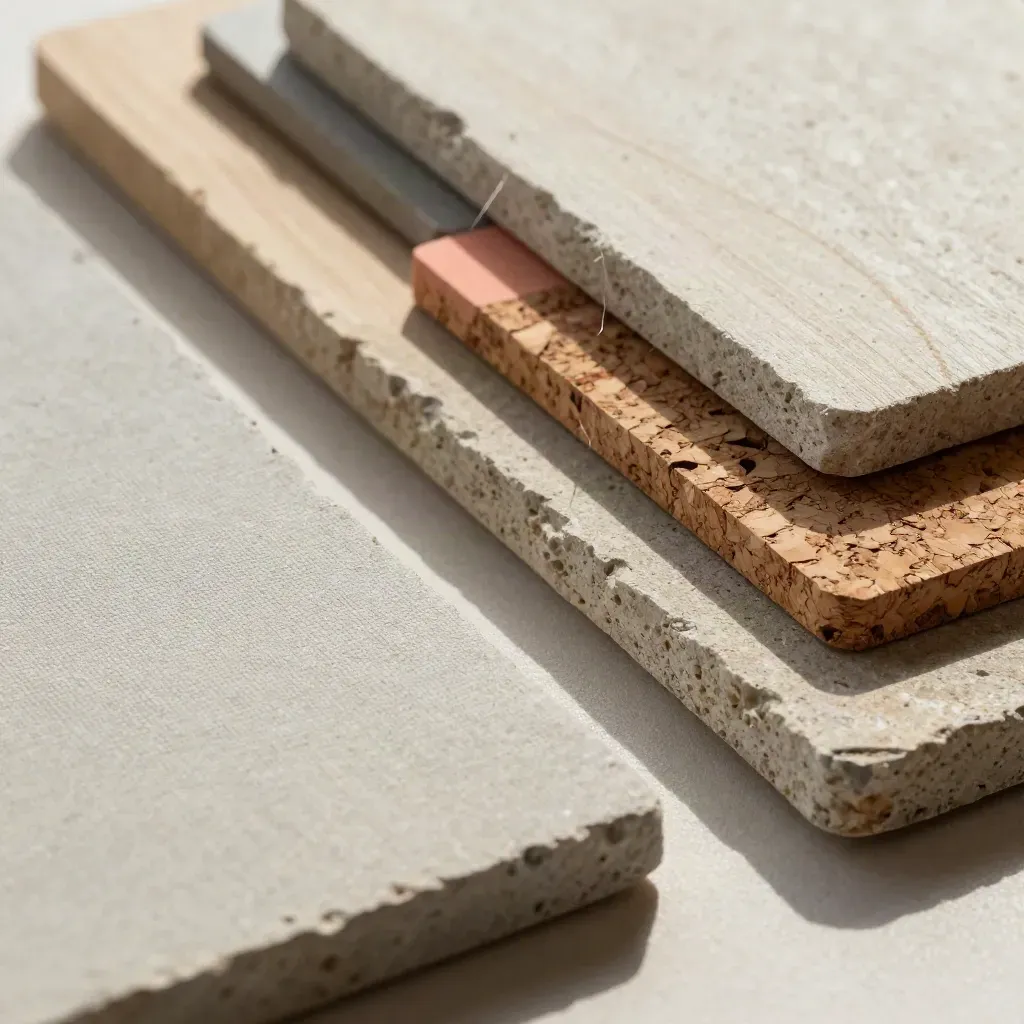 Campioni materici di pietra, lino, sughero e legno di frassino con accento corallo.