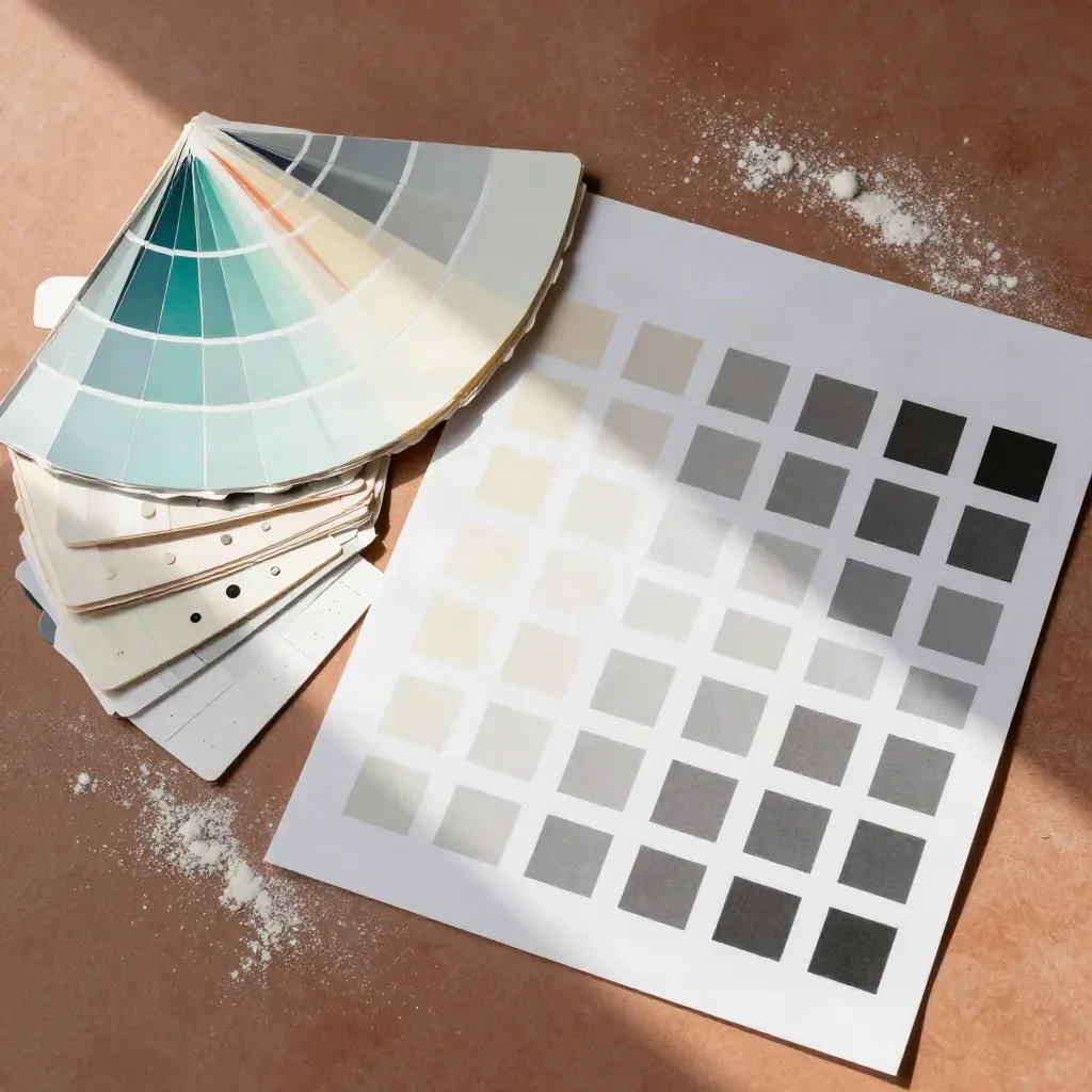 Swatch CMYK, prove carta e tasselli iconici su piano terracotta con luce morbida