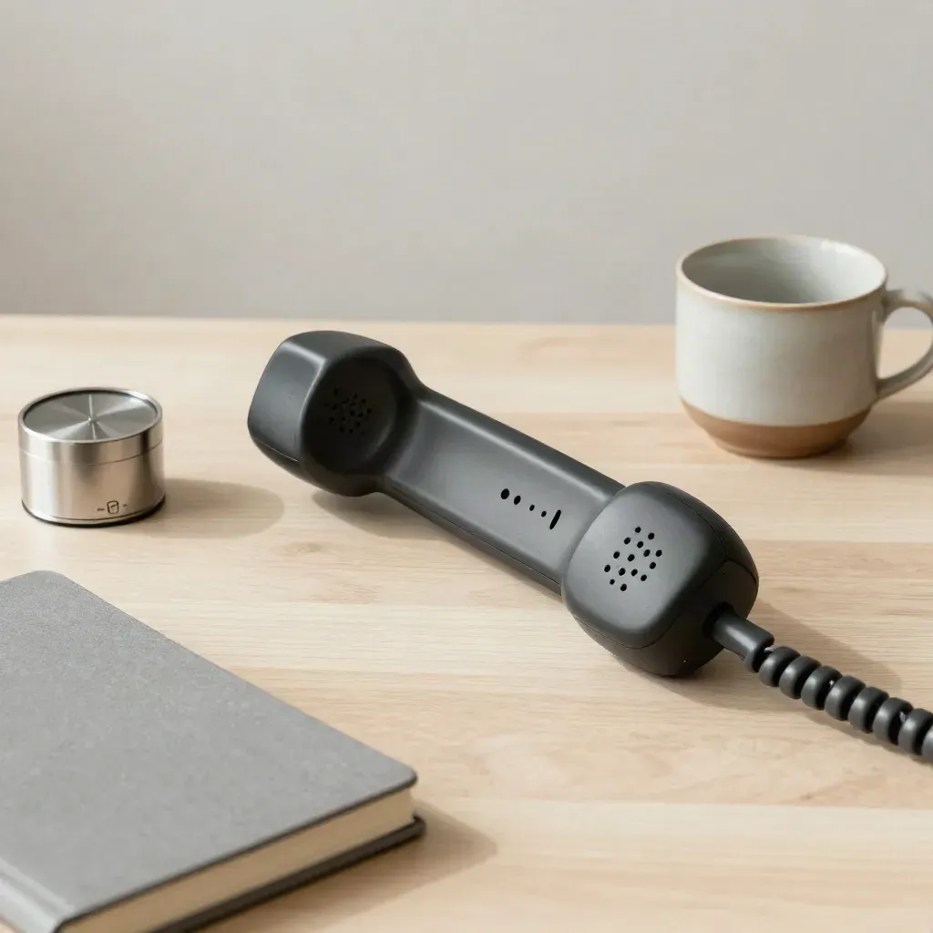 Telefono, timer, quaderno chiuso e tazza in ceramica su legno chiaro, luce morbida.