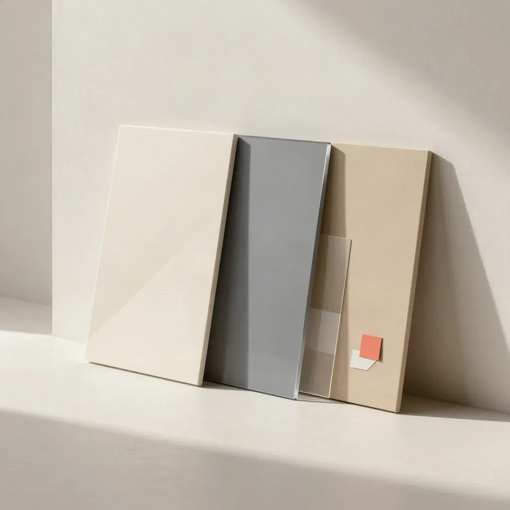 Tre pannelli creativi con campioni e acetati su fondo chiaro, luce morbida laterale