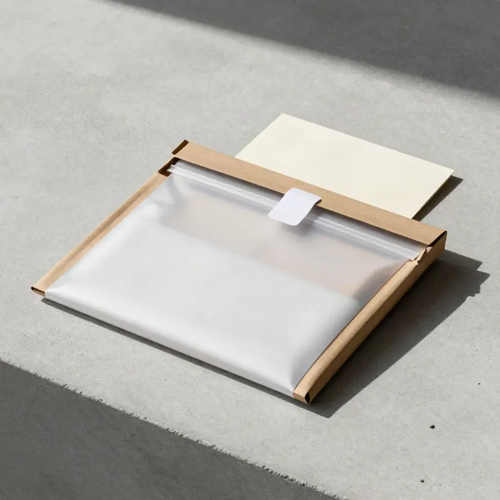 Mailer archivio, due drive e buste protettive su cemento chiaro, vista dall’alto.