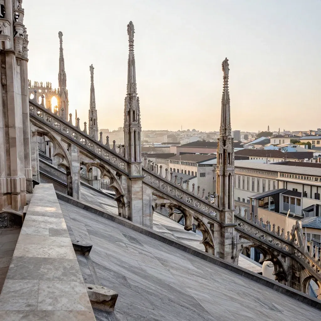Le guglie del Duomo di Milano sopra una terrazza in pietra, avvolte da una calda foschia serale.