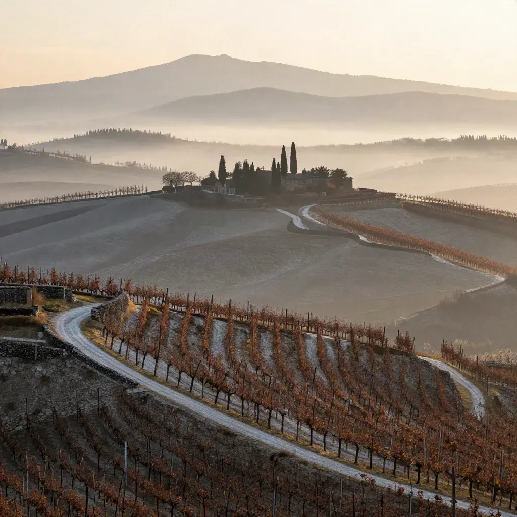 Vigneti delle Langhe nella nebbia mattutina, Alpi sfumate dietro colline morbide